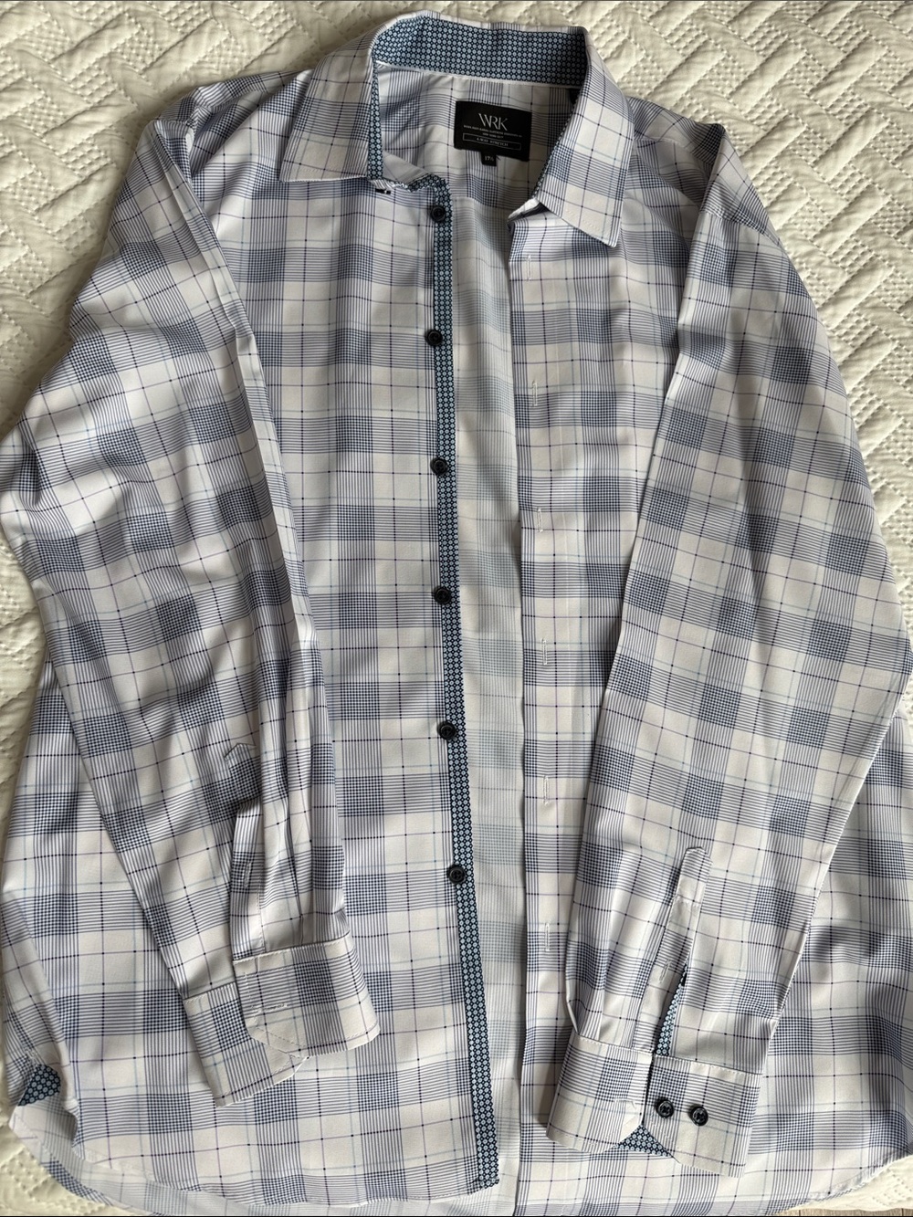 WRK Men’s Light Blue Plaid Dress Shirt - Spread Collar